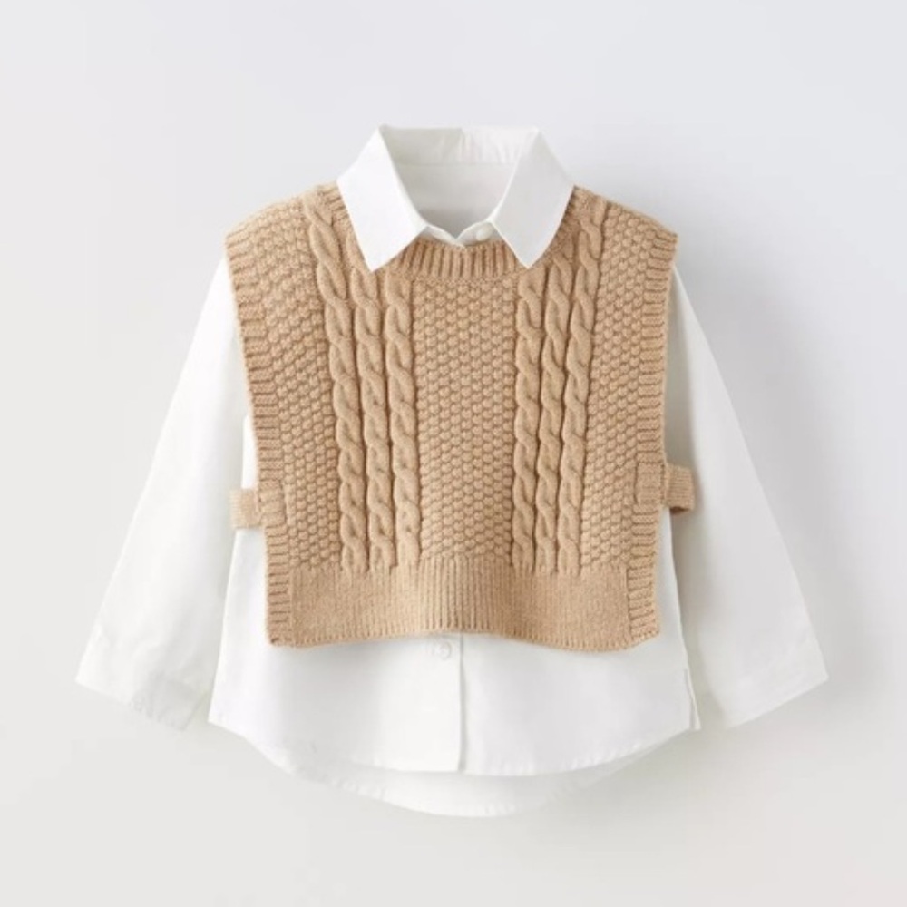 Zara Tan Cable Knit Vest with White Shirt